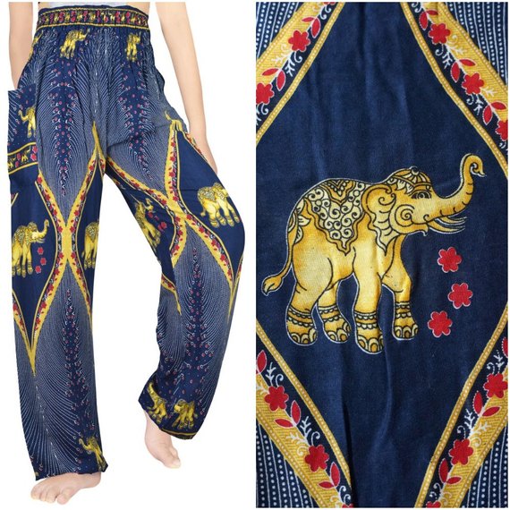 Blue and Gold Elephant Pants - coastland chic